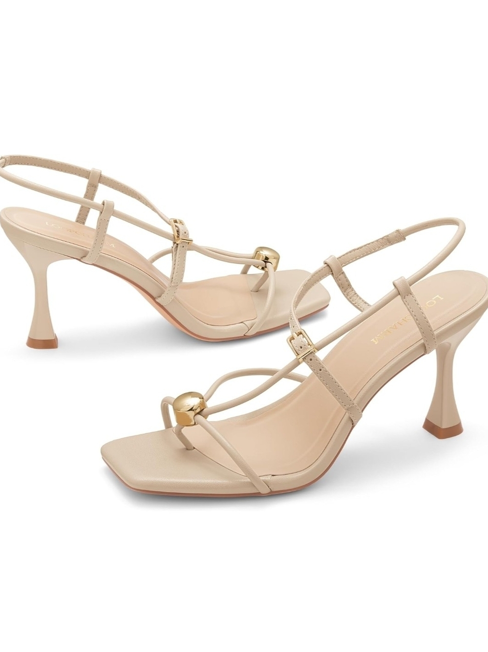 Nude Strappy Slingback Heeled Sandals with Gold Accent